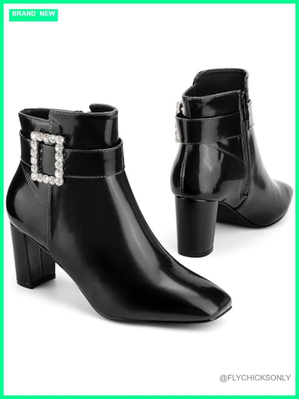 Rhinestone Buckle Square Toe Chunky Heel Ankle Boots Faux Leather
